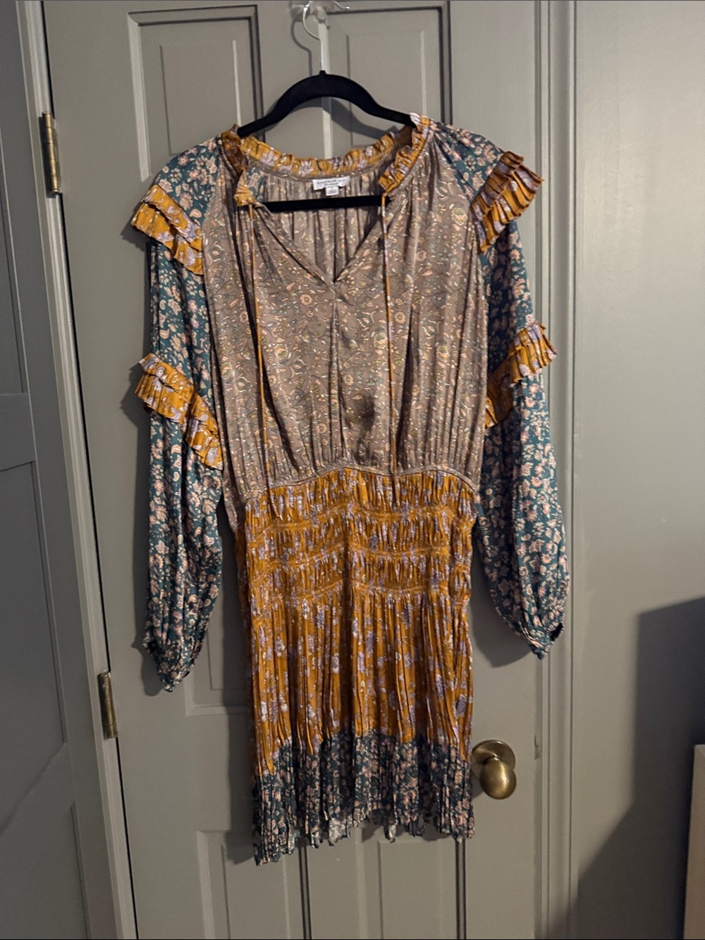 Current Air Mixed-Print Smocked Waist Long Sleeve Dress in Mustard and Teal